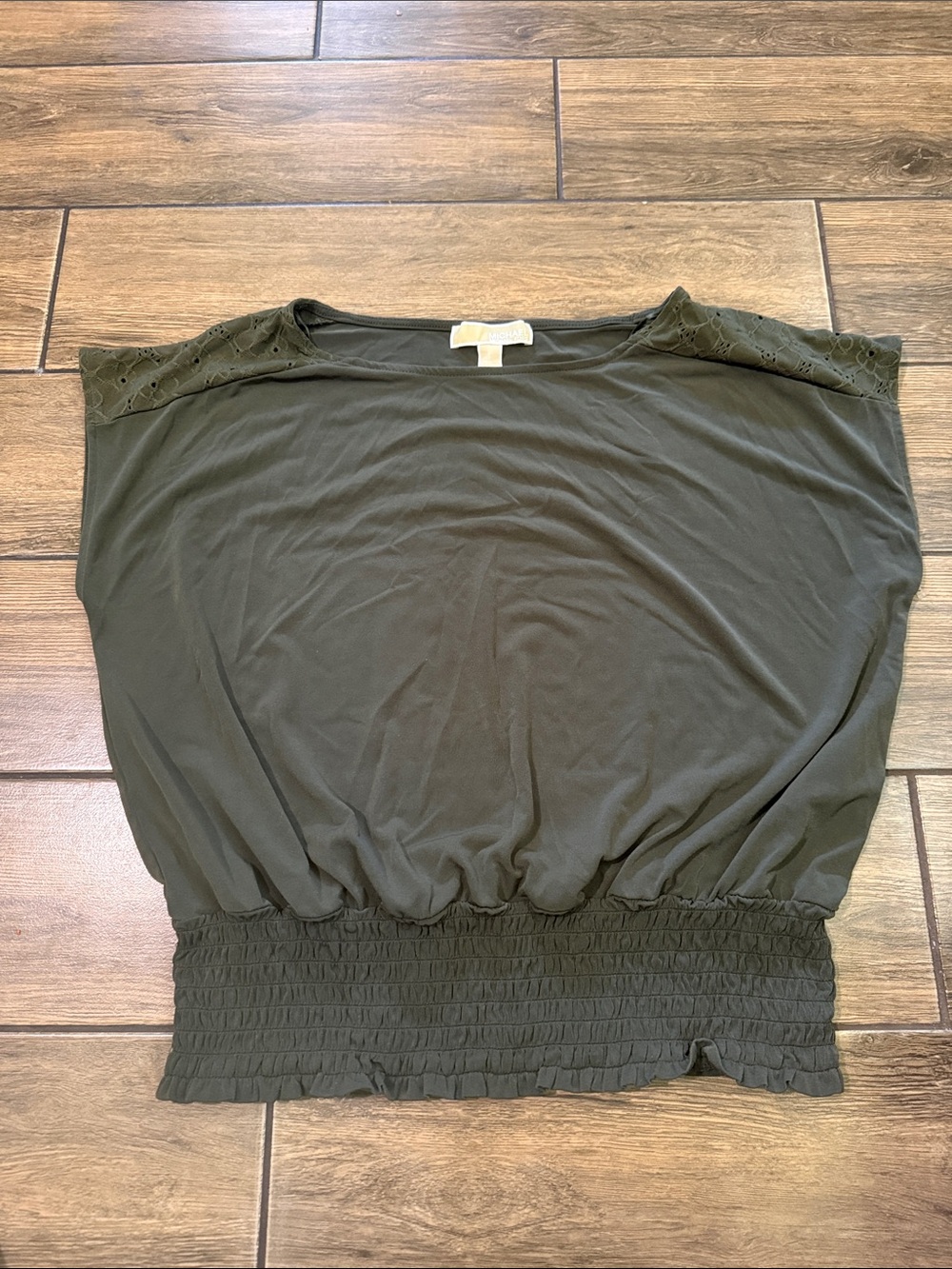 Michael Kors Olive Green Women's Blouse with Crochet Shoulders